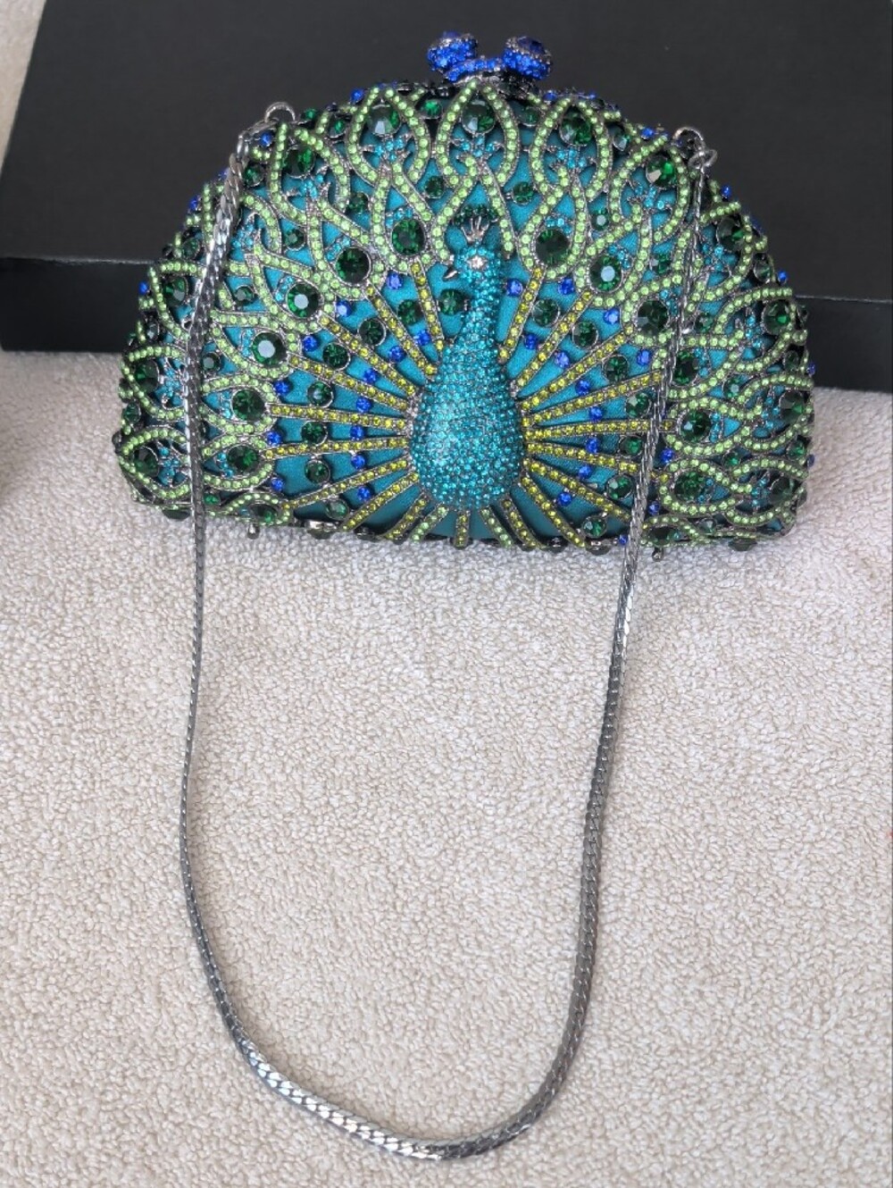 Natasha Couture Blue Peacock Crystal Rhinestone Evening Clutch Minaudière Bag - Picture 11 of 15